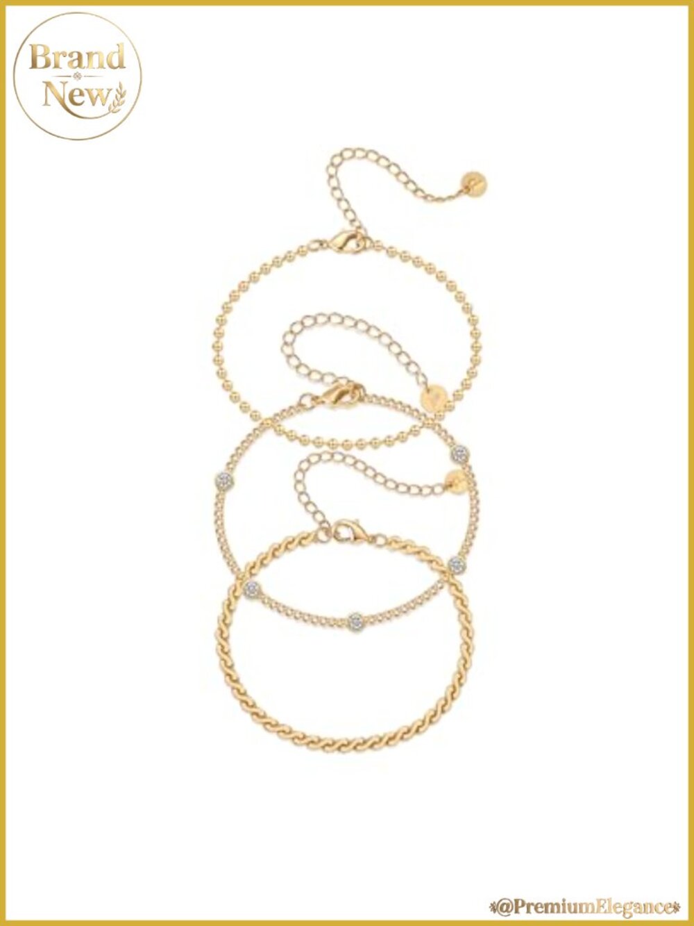 18K Gold Plated Bracelet Pack of 3, Paperclip, Rope, Curb Chain Bracelets Set